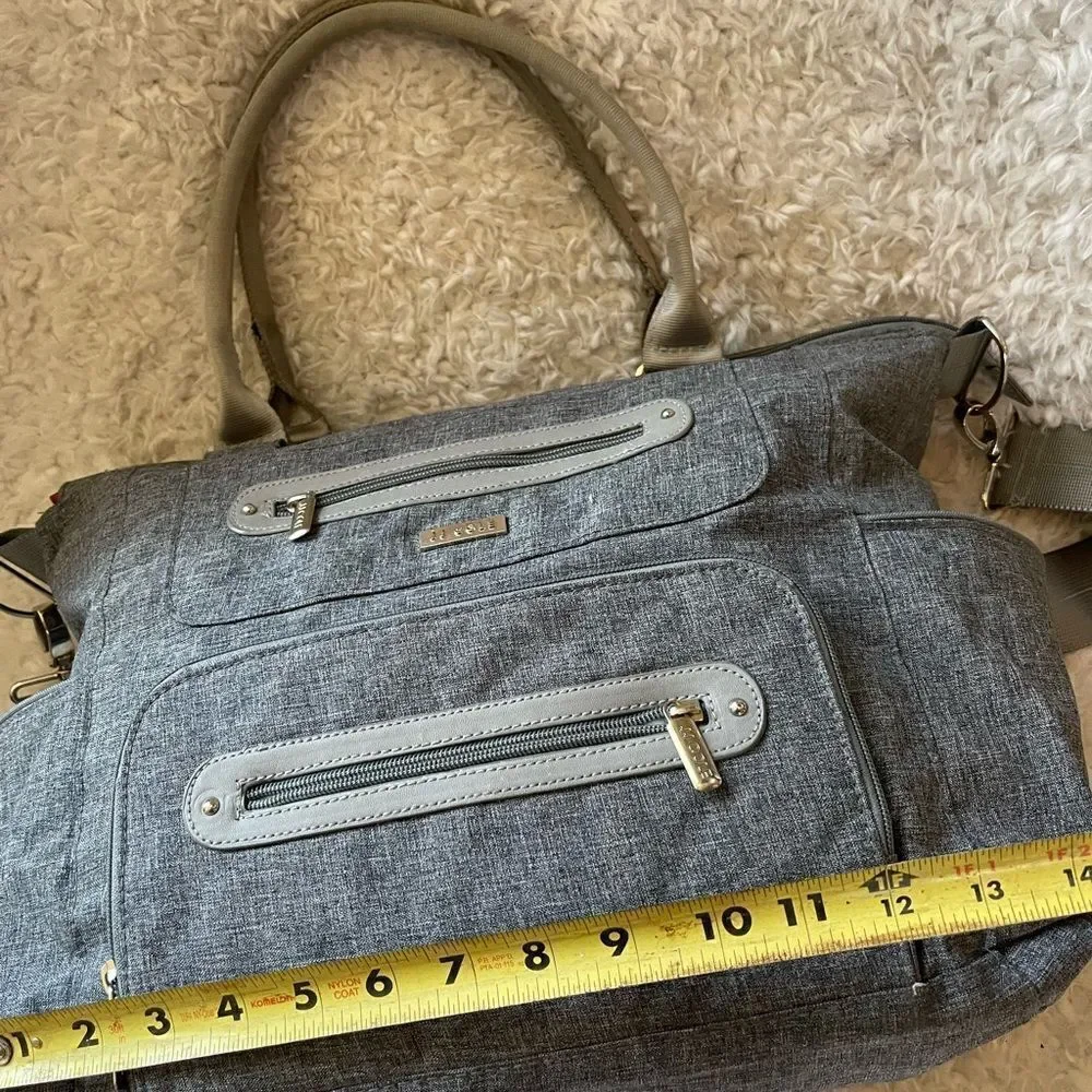 JJ Cole light gray fabric Caprice diaper bag aqua blue lining .